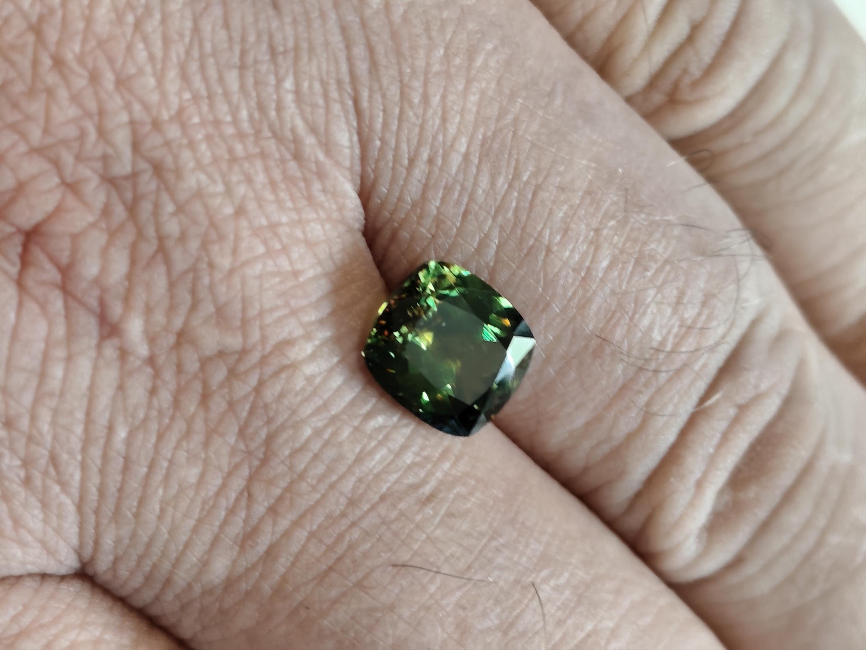 3.54 Ct Natural Sphene Titanite – Intense Rainbow Fire Gemstone - Deep Forest Green Cushion – Certified