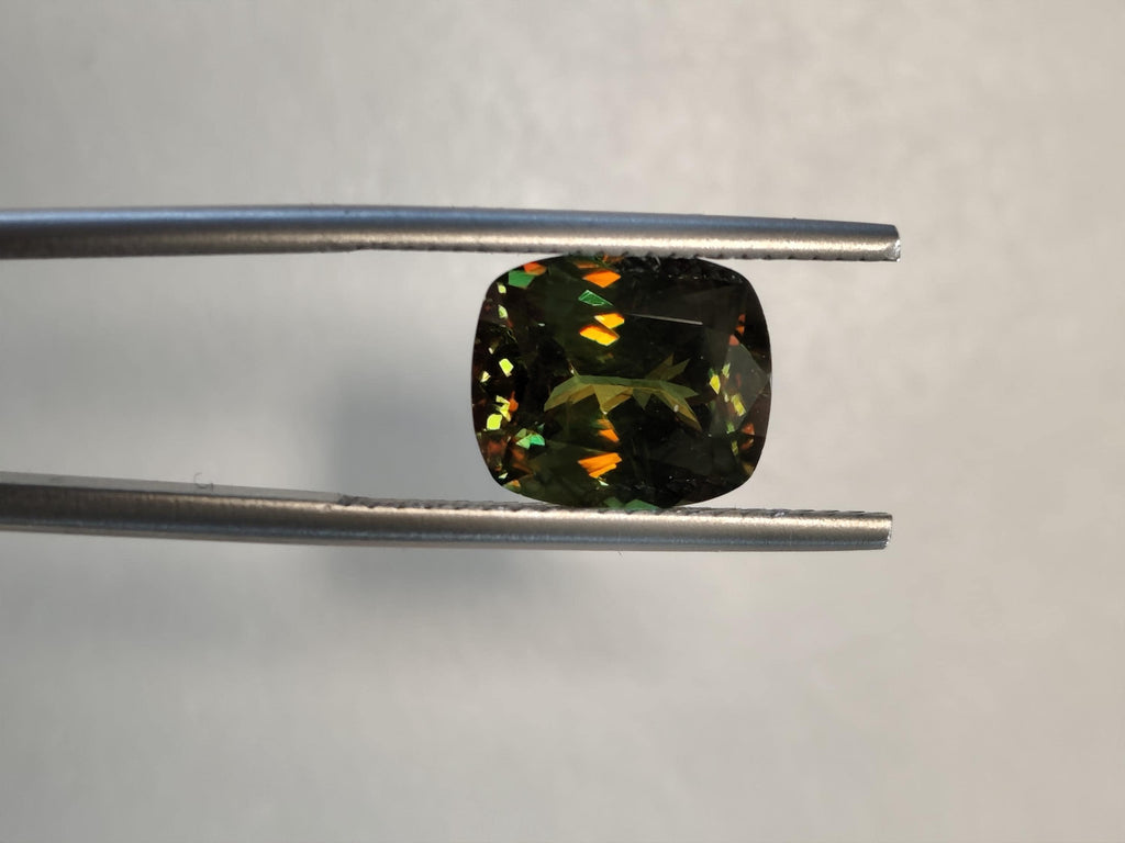 3.54 Ct Natural Sphene Titanite – Intense Rainbow Fire Gemstone - Deep Forest Green Cushion – Certified