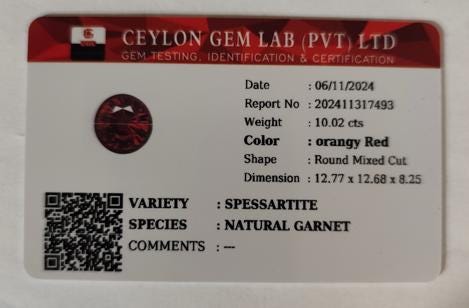 Natural Spessartite Garnet 10.02 Ct Deep Reddish Orange Round Cut Large Red Certified Collector