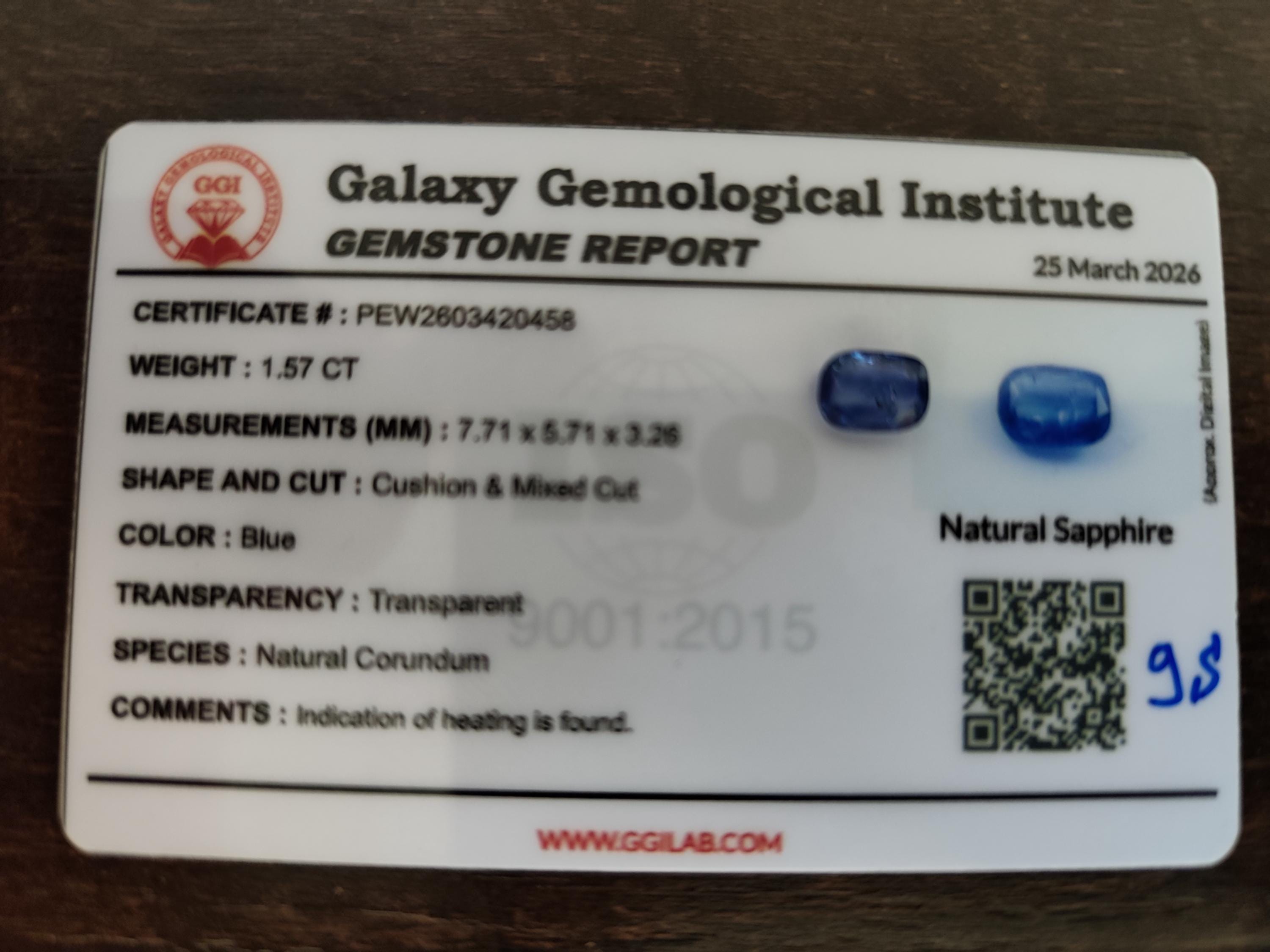 Vivid Electric Blue Sapphire 1.57 Ct Cushion Cut Natural Certified Sapphire Loose Gemstone