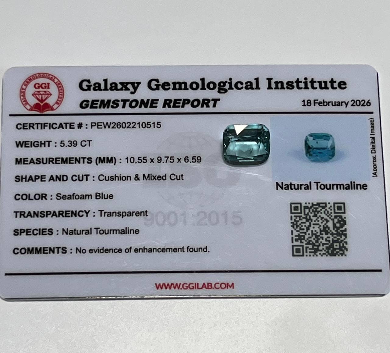 Natural Tourmaline SEAFOAM Blue 5.39 CT