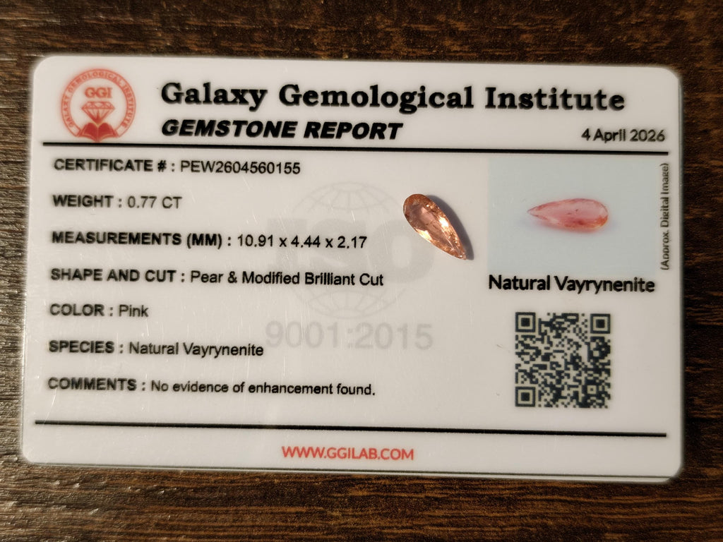 Rare Natural Vayrynenite 0.77 Ct Salmon Pink Pear Gem Afghanistan