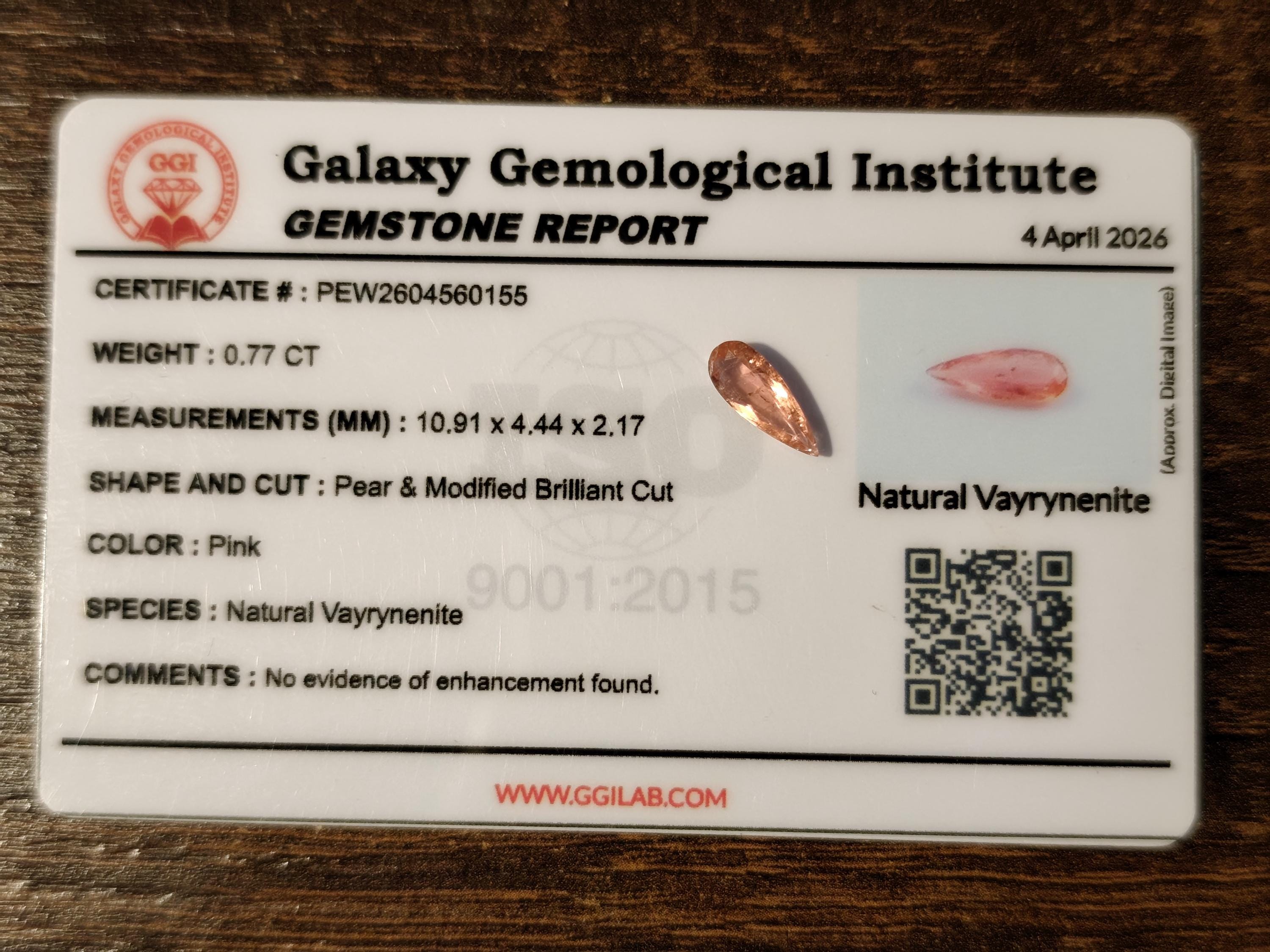 Rare Natural Vayrynenite 0.77 Ct Salmon Pink Pear Gem Afghanistan
