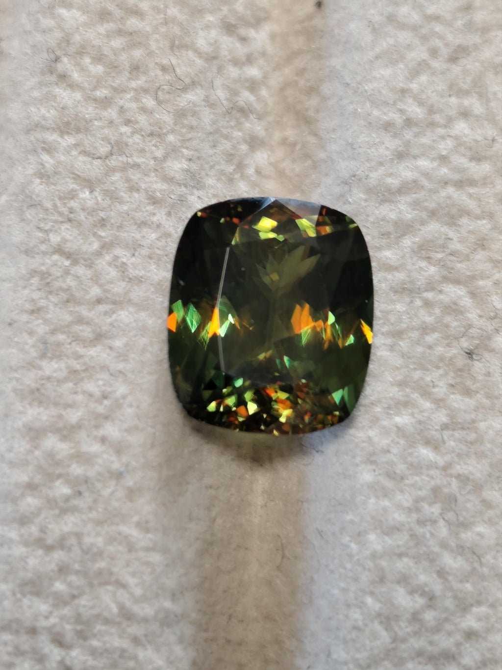 3.54 Ct Natural Sphene Titanite – Intense Rainbow Fire Gemstone - Deep Forest Green Cushion – Certified