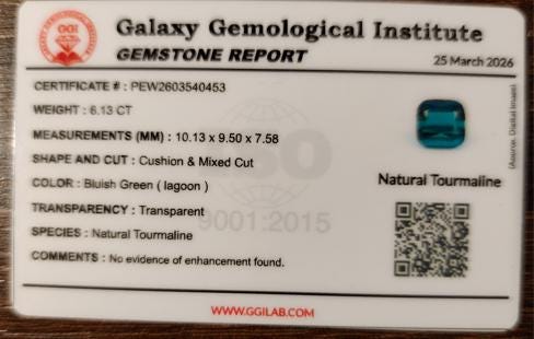 Natural Afghan Teal Tourmaline 6.13 Ct Cushion Cut Clean Bluish Green Gemstone