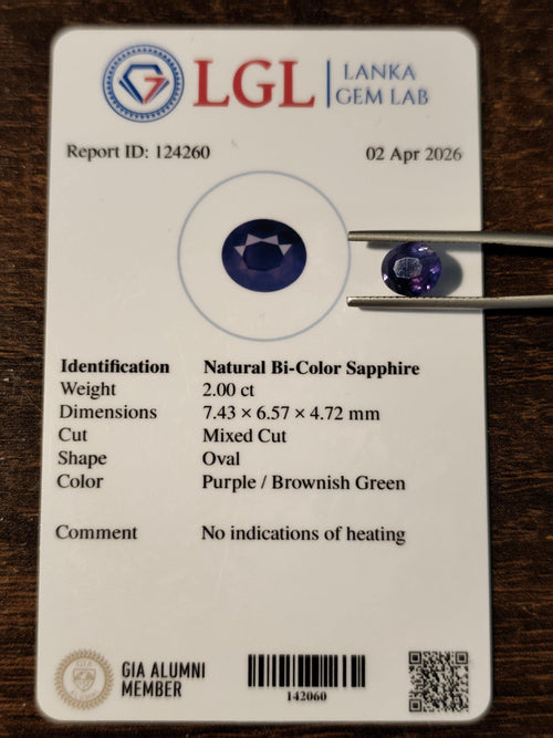2.00 Ct Unheated Color Shift Sapphire Natural Bi-Color Blue Violet Ceylon Oval Gemstone