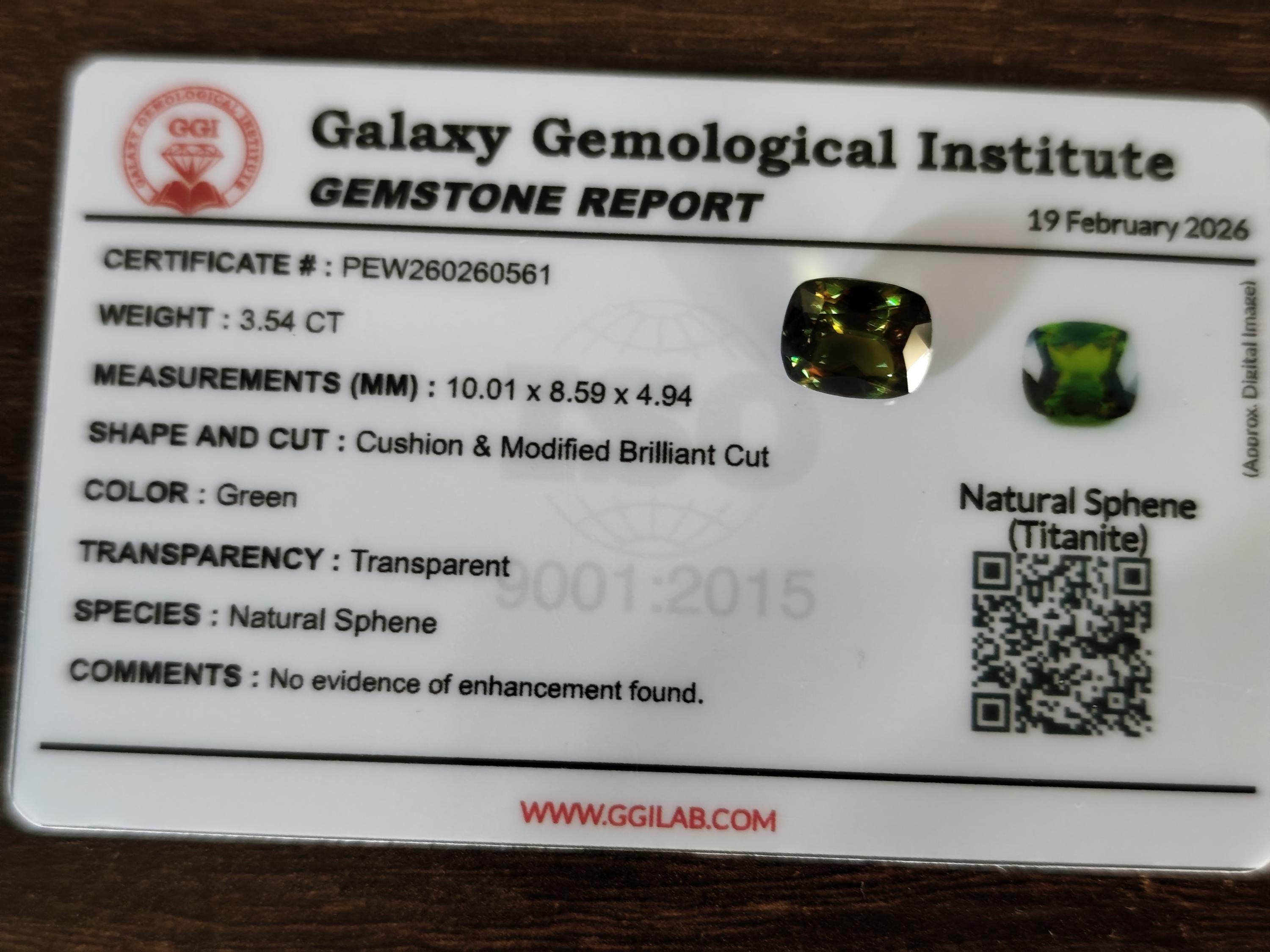 3.54 Ct Natural Sphene Titanite – Intense Rainbow Fire Gemstone - Deep Forest Green Cushion – Certified