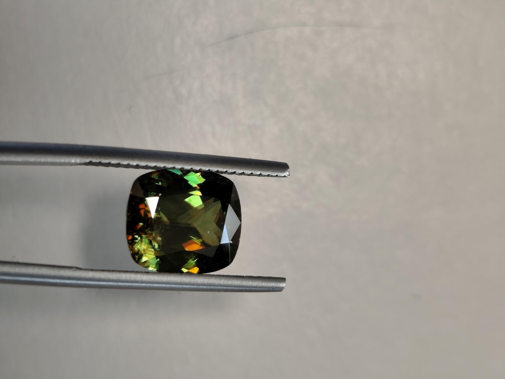 3.54 Ct Natural Sphene Titanite – Intense Rainbow Fire Gemstone - Deep Forest Green Cushion – Certified