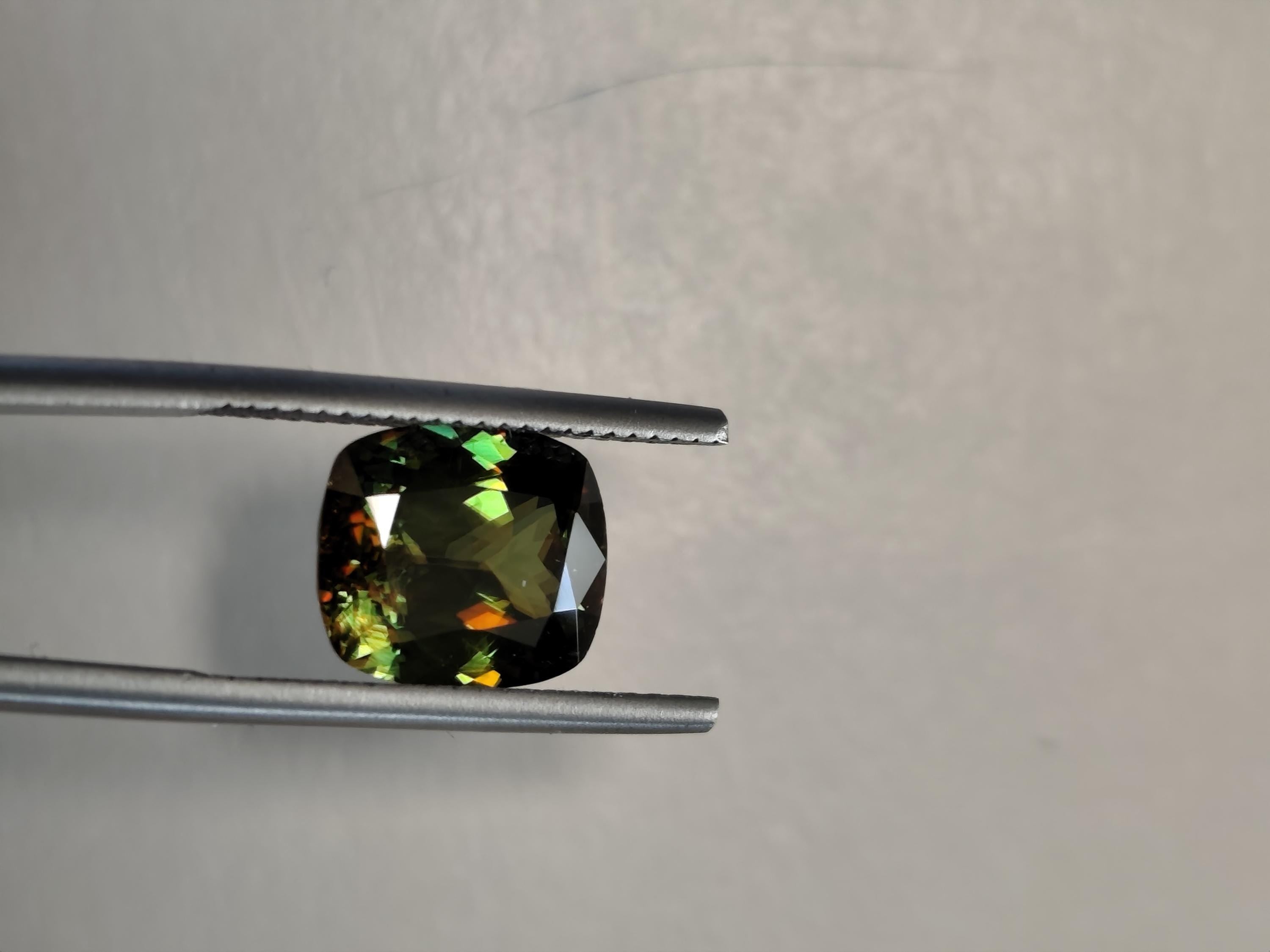 3.54 Ct Natural Sphene Titanite – Intense Rainbow Fire Gemstone - Deep Forest Green Cushion – Certified