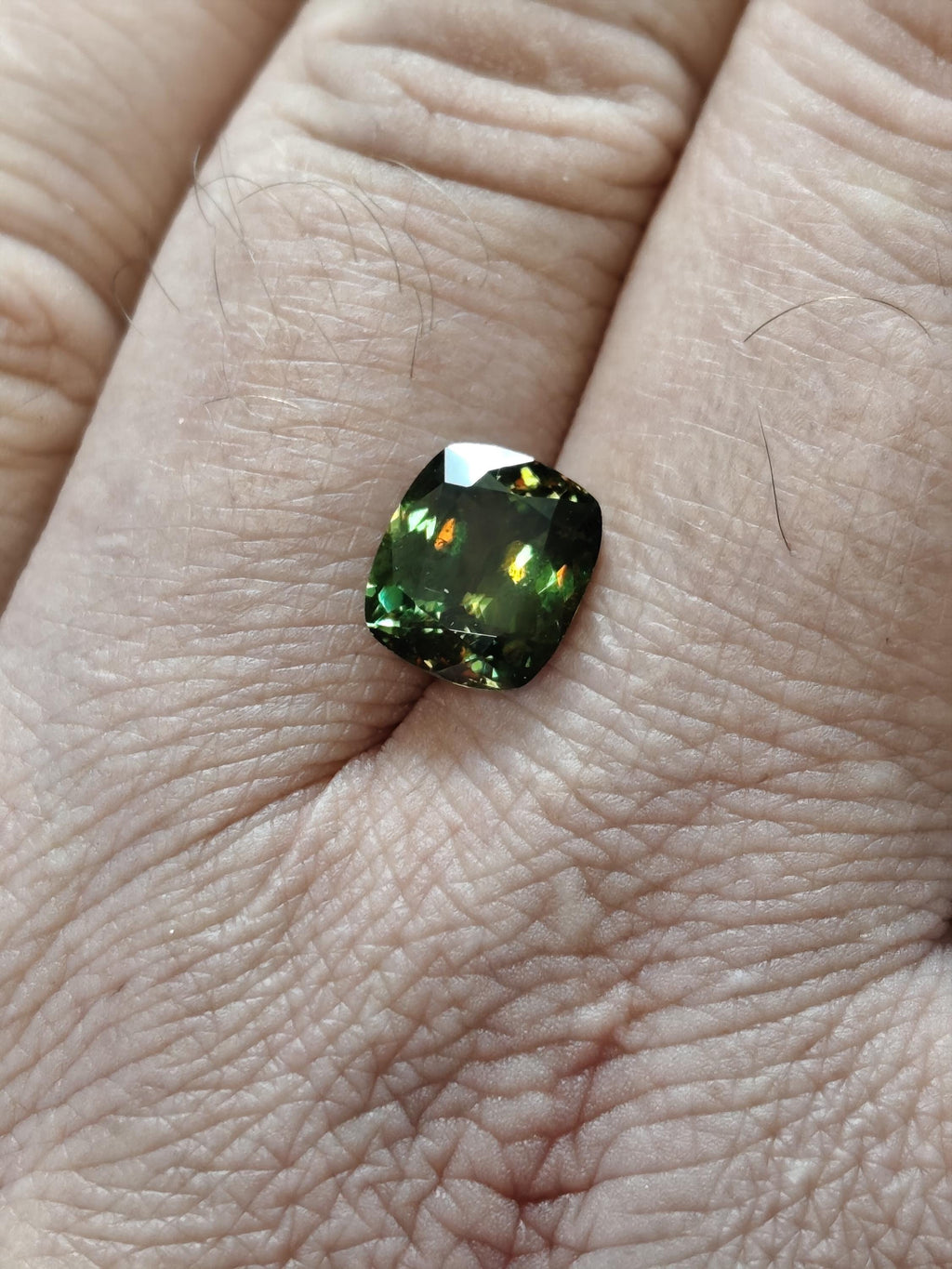 3.54 Ct Natural Sphene Titanite – Intense Rainbow Fire Gemstone - Deep Forest Green Cushion – Certified