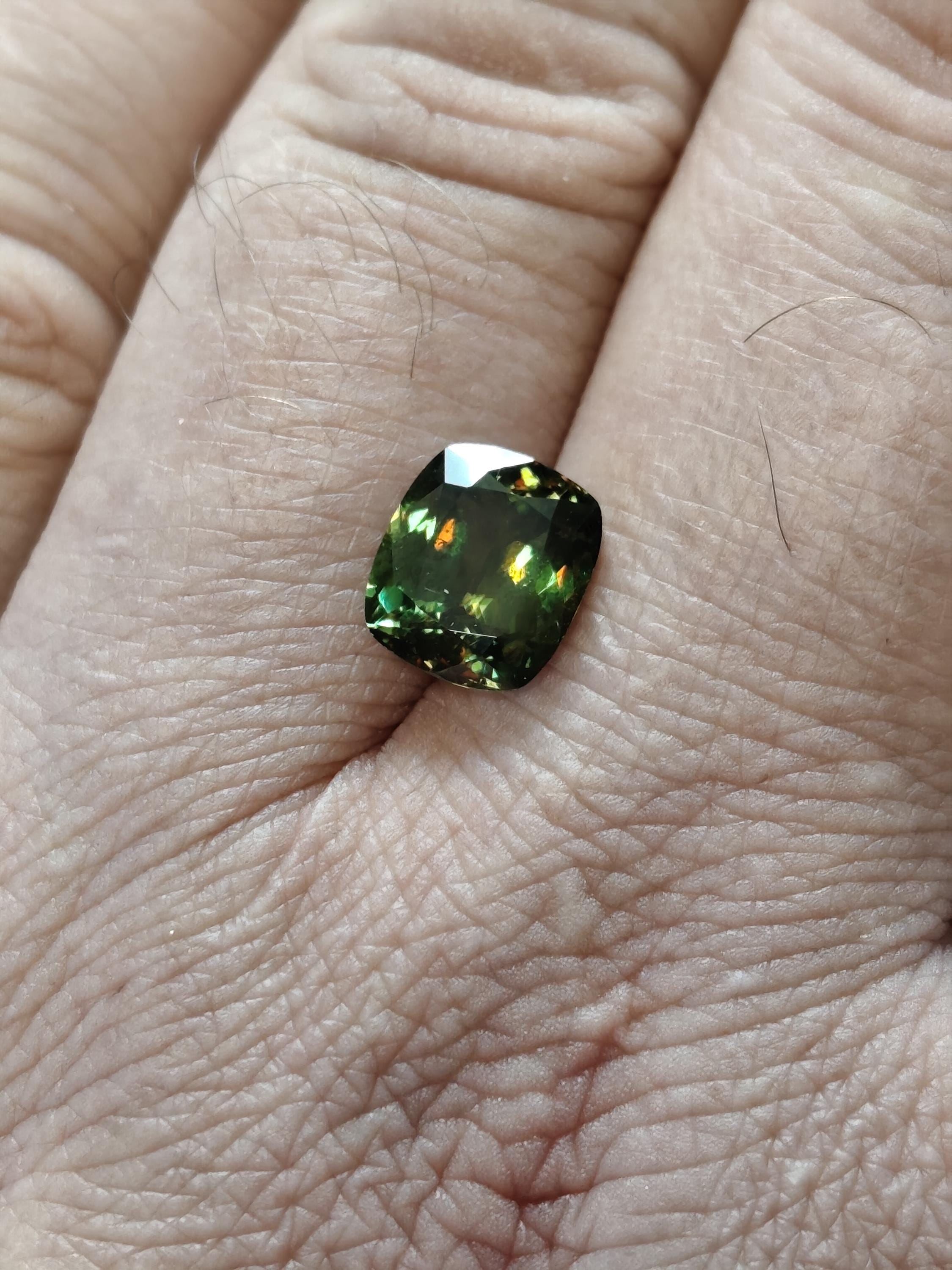 3.54 Ct Natural Sphene Titanite – Intense Rainbow Fire Gemstone - Deep Forest Green Cushion – Certified
