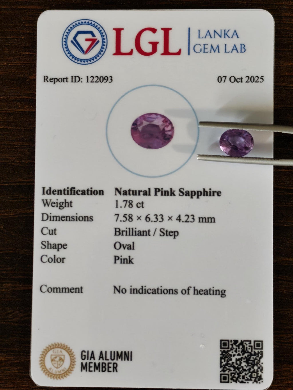 Unheated Ceylon Pink Sapphire 1.78 Ct Oval Purplish Pink Loose Gemstone