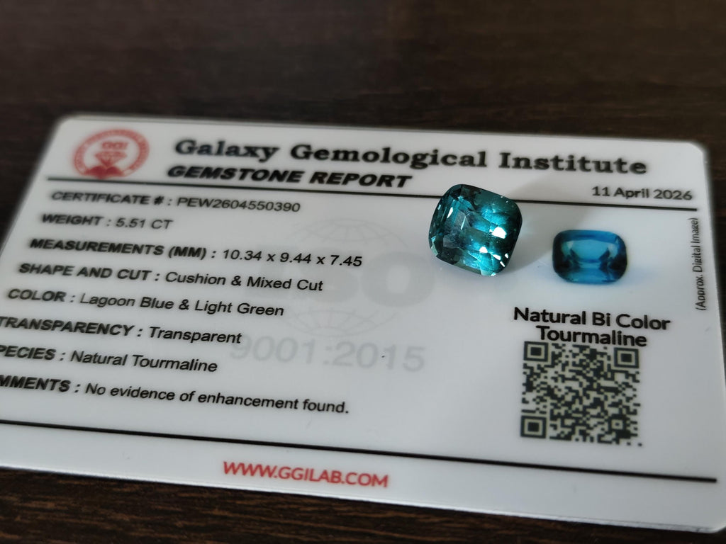 5.51 Ct Natural Lagoon Blue Green Bi Color Tourmaline Cushion Untreated Neon Teal Afghanistan