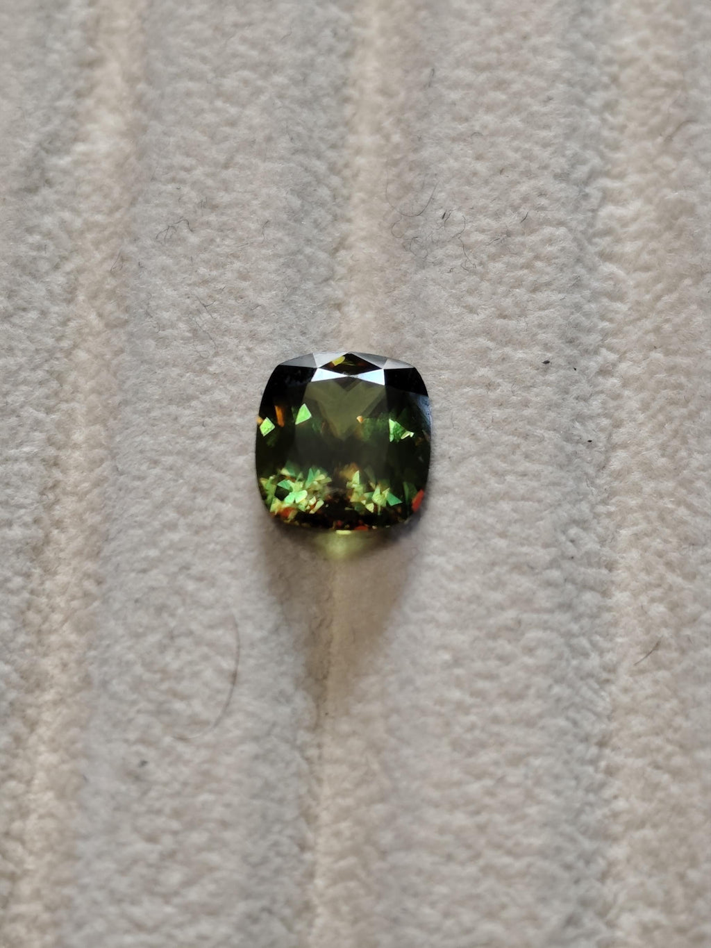 3.54 Ct Natural Sphene Titanite – Intense Rainbow Fire Gemstone - Deep Forest Green Cushion – Certified
