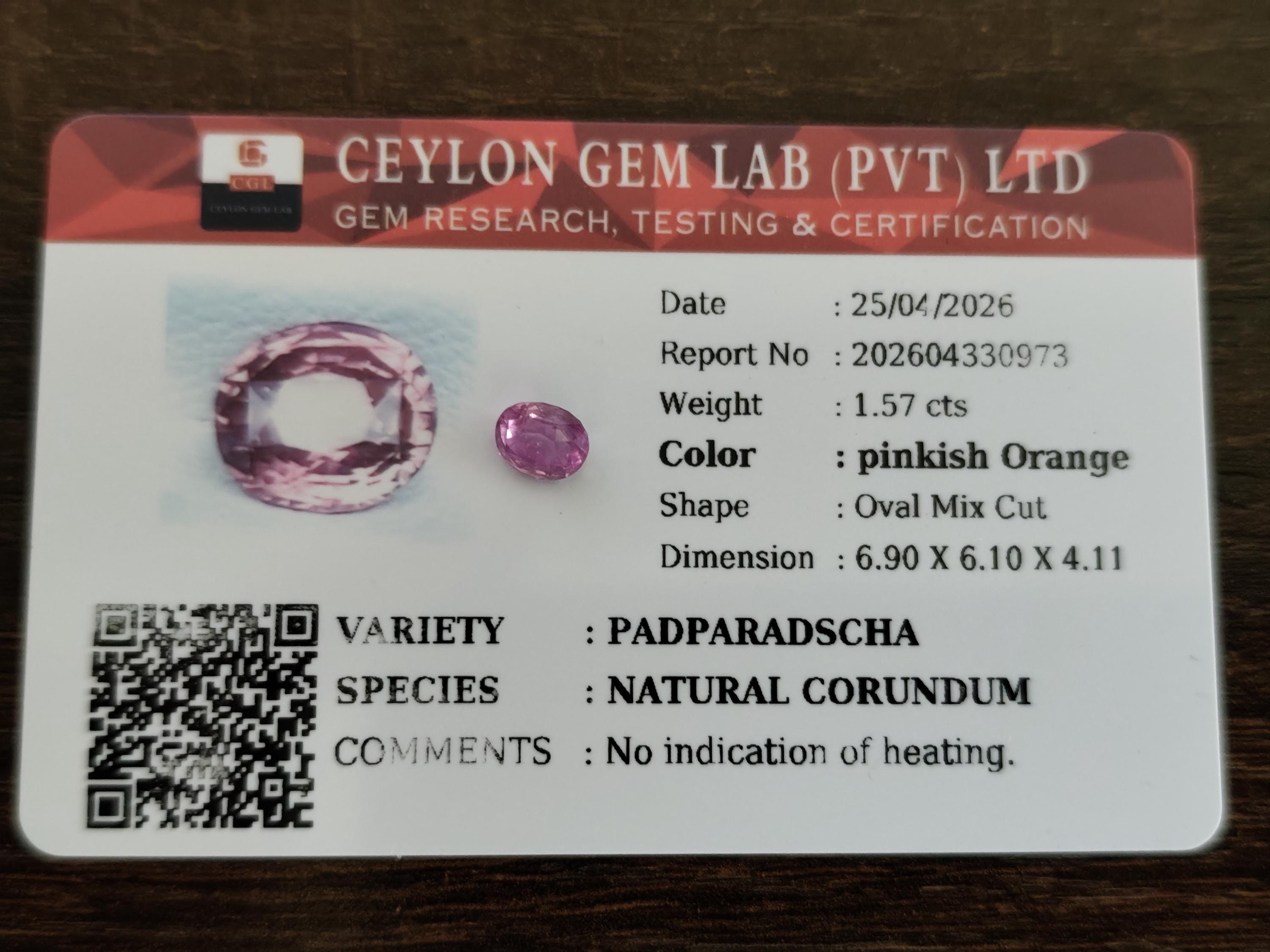 1.57 Ct Natural Unheated Padparadscha Certified Pinkish Orange Oval Sapphire | Sri Lanka Ceylon