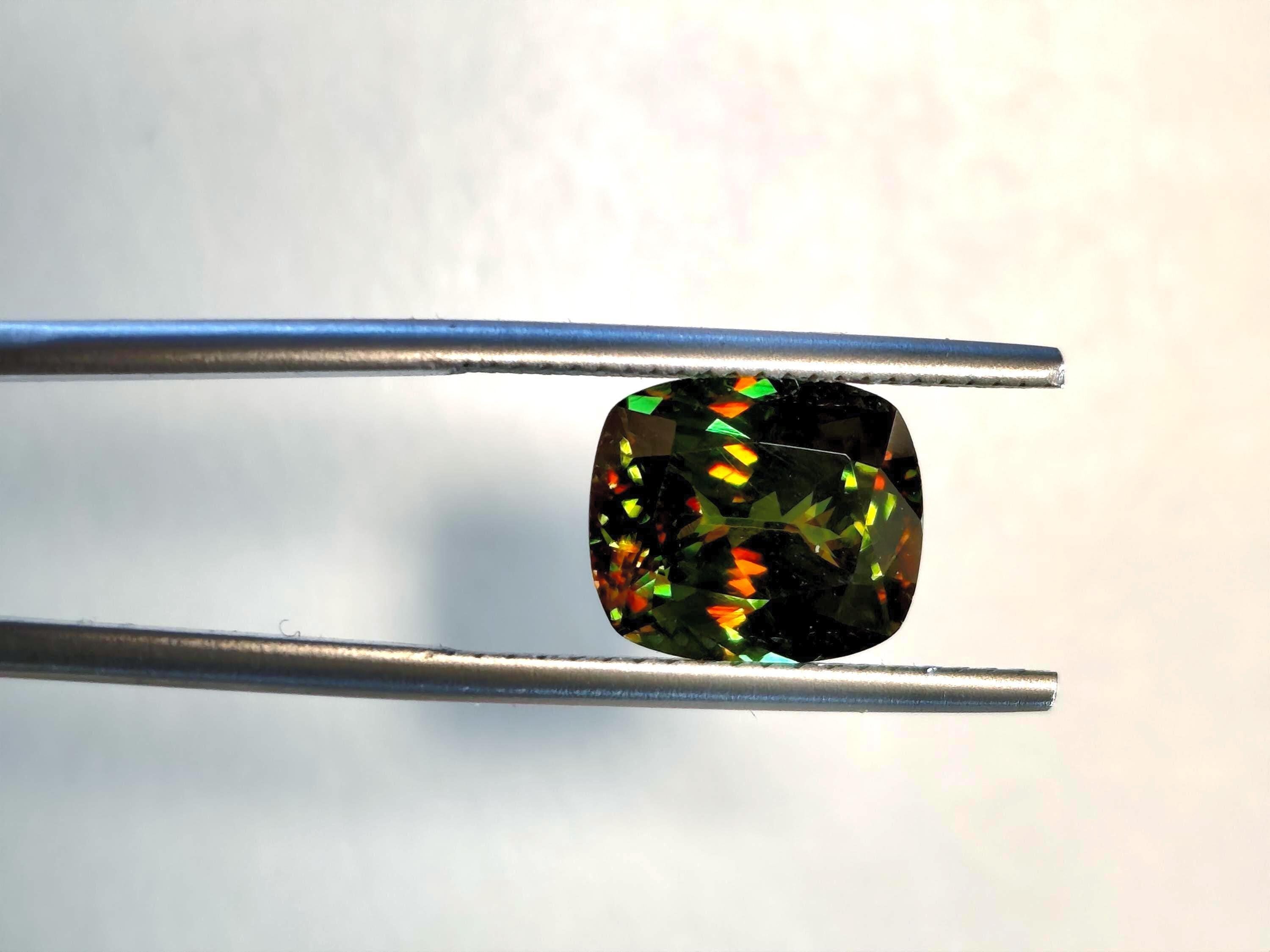 3.54 Ct Natural Sphene Titanite – Intense Rainbow Fire Gemstone - Deep Forest Green Cushion – Certified